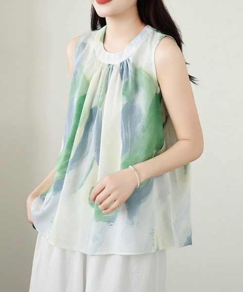 ONEP STAR(ワンピスター)の「水彩プリントノースリーブシフォンブラウス(シャツ/ブラウス・レディース・グリーン・X-LARGE/LARGE/MEDIUM)」の14枚目の写真