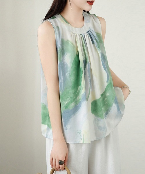 ONEP STAR(ワンピスター)の「水彩プリントノースリーブシフォンブラウス(シャツ/ブラウス・レディース・グリーン・X-LARGE/LARGE/MEDIUM)」の12枚目の写真