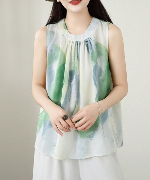 ONEP STAR(ワンピスター)の「水彩プリントノースリーブシフォンブラウス(シャツ/ブラウス・レディース・グリーン・X-LARGE/LARGE/MEDIUM)」の9枚目の写真