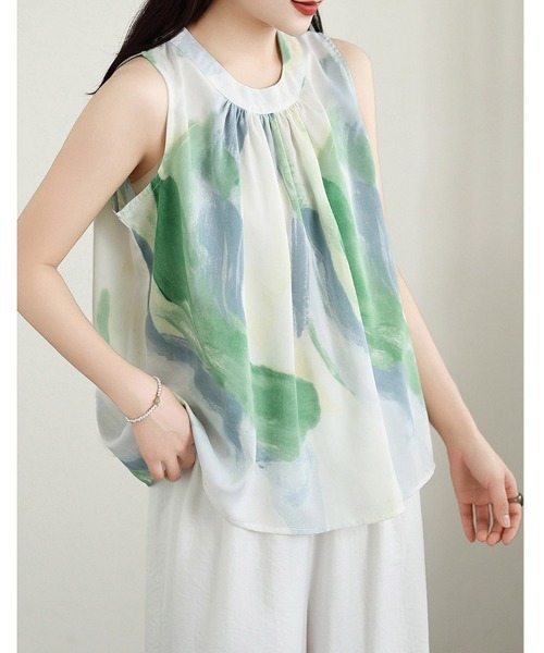 ONEP STAR(ワンピスター)の「水彩プリントノースリーブシフォンブラウス(シャツ/ブラウス・レディース・グリーン・X-LARGE/LARGE/MEDIUM)」の7枚目の写真