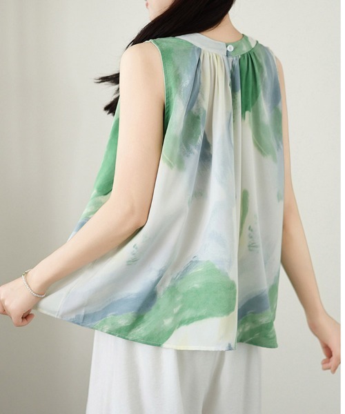 ONEP STAR(ワンピスター)の「水彩プリントノースリーブシフォンブラウス(シャツ/ブラウス・レディース・グリーン・X-LARGE/LARGE/MEDIUM)」の6枚目の写真