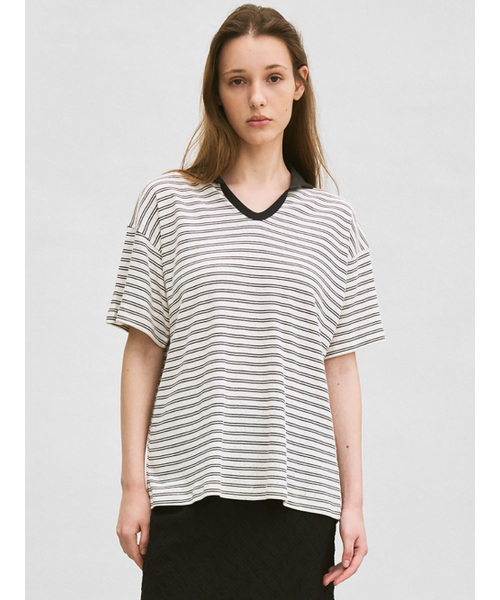 Striped polo‑collar T‑shirt (ivory) — полосатая футболка с воротником‑поло, айвори