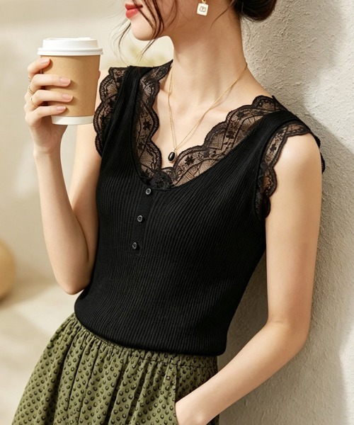 ONEP STAR(ワンピスター)の「レースVネックリブノースリーブトップス(Tシャツ/カットソー・レディース・ホワイト/ブラック・FREE)」の9枚目の写真