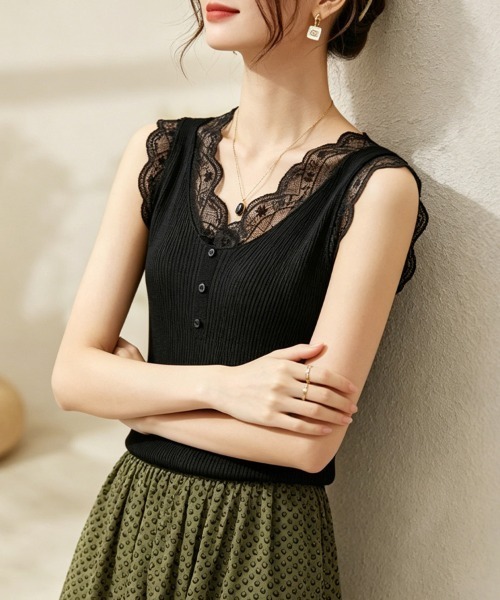 ONEP STAR(ワンピスター)の「レースVネックリブノースリーブトップス(Tシャツ/カットソー・レディース・ホワイト/ブラック・FREE)」の11枚目の写真