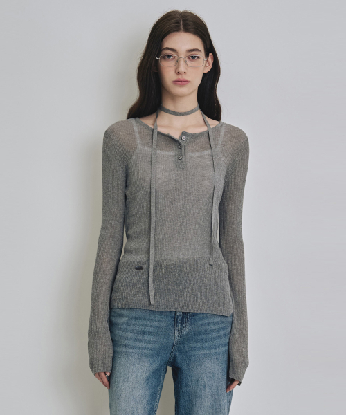 COSTUMEOCLOCK WOMAN(カスタムオクロック ウーマン)の「リネンシースルーゴルジヘンリーネックニット5COLORCOWKT019(Tシャツ/カットソー・レディース・ブラック/ダークグリーン/アイボリー/ライトグレー/エメラルド・F)」の12枚目の写真