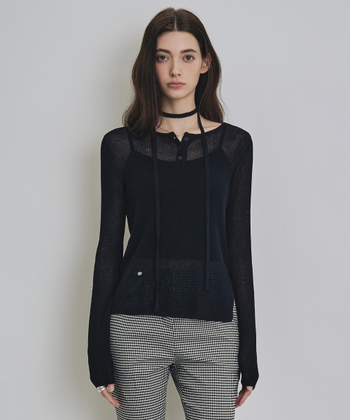 COSTUMEOCLOCK WOMAN(カスタムオクロック ウーマン)の「リネンシースルーゴルジヘンリーネックニット5COLORCOWKT019(Tシャツ/カットソー・レディース・ブラック/ダークグリーン/アイボリー/ライトグレー/エメラルド・F)」の13枚目の写真