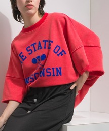 裏毛ケミカルパウダー加工 スウェット THE STATE OFフロッキーロゴ プリントプルオーバー