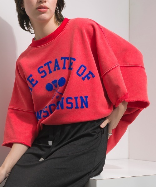 enhaut(アンオート)の「裏毛ケミカルパウダー加工 スウェット THE STATE OFフロッキーロゴ プリントプルオーバー(Tシャツ/カットソー・レディース・チャコールグレー/ネイビー/グリーン/ブラウン/レッド・FREE)」の5枚目の写真