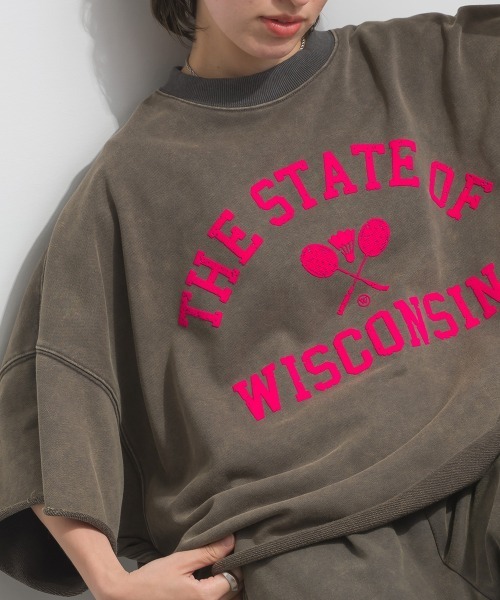 enhaut(アンオート)の「裏毛ケミカルパウダー加工 スウェット THE STATE OFフロッキーロゴ プリントプルオーバー(Tシャツ/カットソー・レディース・チャコールグレー/ネイビー/グリーン/ブラウン/レッド・FREE)」の10枚目の写真