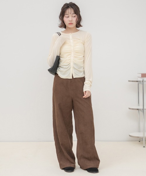 HEILIS(ヘイリス)の「シアーベロアギャザートップス/ ベロアトップス シアートップス ギャザートップス 長袖トップス クルーネック 長袖 カットソー ベロア シアー ギャザー 秋 秋服 秋コーデ 秋冬 秋冬コーデ 韓国ファッション 韓国コーデ トレンド ガーリー フェミニン デート お出かけ ブラック ブラウン イエロー(カーディガン/ボレロ・レディース・イエロー/ブラック/ブラウン・FREE)」の13枚目の写真