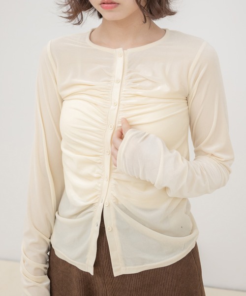 HEILIS(ヘイリス)の「シアーベロアギャザートップス/ ベロアトップス シアートップス ギャザートップス 長袖トップス クルーネック 長袖 カットソー ベロア シアー ギャザー 秋 秋服 秋コーデ 秋冬 秋冬コーデ 韓国ファッション 韓国コーデ トレンド ガーリー フェミニン デート お出かけ ブラック ブラウン イエロー(カーディガン/ボレロ・レディース・イエロー/ブラック/ブラウン・FREE)」の12枚目の写真