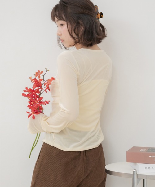 HEILIS(ヘイリス)の「シアーベロアギャザートップス/ ベロアトップス シアートップス ギャザートップス 長袖トップス クルーネック 長袖 カットソー ベロア シアー ギャザー 秋 秋服 秋コーデ 秋冬 秋冬コーデ 韓国ファッション 韓国コーデ トレンド ガーリー フェミニン デート お出かけ ブラック ブラウン イエロー(カーディガン/ボレロ・レディース・イエロー/ブラック/ブラウン・FREE)」の11枚目の写真