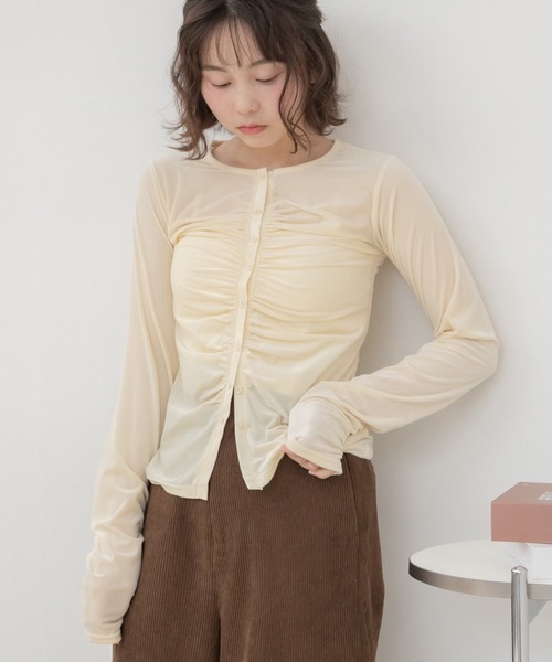 HEILIS(ヘイリス)の「シアーベロアギャザートップス/ ベロアトップス シアートップス ギャザートップス 長袖トップス クルーネック 長袖 カットソー ベロア シアー ギャザー 秋 秋服 秋コーデ 秋冬 秋冬コーデ 韓国ファッション 韓国コーデ トレンド ガーリー フェミニン デート お出かけ ブラック ブラウン イエロー(カーディガン/ボレロ・レディース・イエロー/ブラック/ブラウン・FREE)」の8枚目の写真