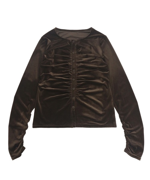 HEILIS(ヘイリス)の「シアーベロアギャザートップス/ ベロアトップス シアートップス ギャザートップス 長袖トップス クルーネック 長袖 カットソー ベロア シアー ギャザー 秋 秋服 秋コーデ 秋冬 秋冬コーデ 韓国ファッション 韓国コーデ トレンド ガーリー フェミニン デート お出かけ ブラック ブラウン イエロー(カーディガン/ボレロ・レディース・イエロー/ブラック/ブラウン・FREE)」の20枚目の写真