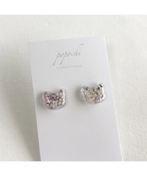【popochi】ピアス 猫 ネコ モチーフ ドライフラワー入りレジン クリア(MA)