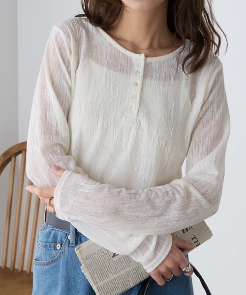 BONLECILL（ボンルシール）の「ランダムシアーヘンリーロンT（Tシャツ/カットソー・レディース・グリーン/ブラック/ワイン/アイボリー・FREE）」の5枚目の写真