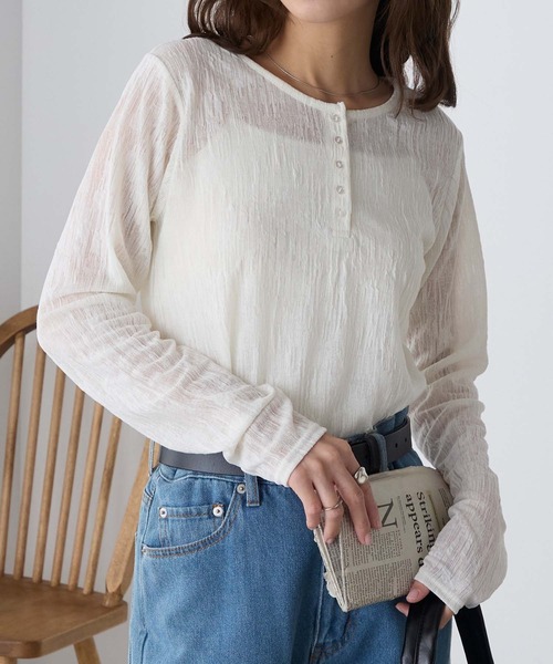 BONLECILL（ボンルシール）の「ランダムシアーヘンリーロンT（Tシャツ/カットソー・レディース・グリーン/ブラック/ワイン/アイボリー・FREE）」の9枚目の写真