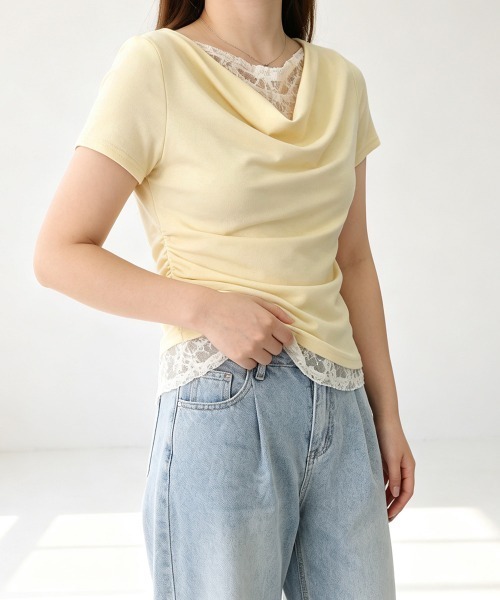 Miniministore(ミニミニストア)の「レースドッキングオフショルTシャツ 半袖(Tシャツ/カットソー・レディース・ライトブルー/ピンク/アイボリー/ライトイエロー・FREE)」の3枚目の写真