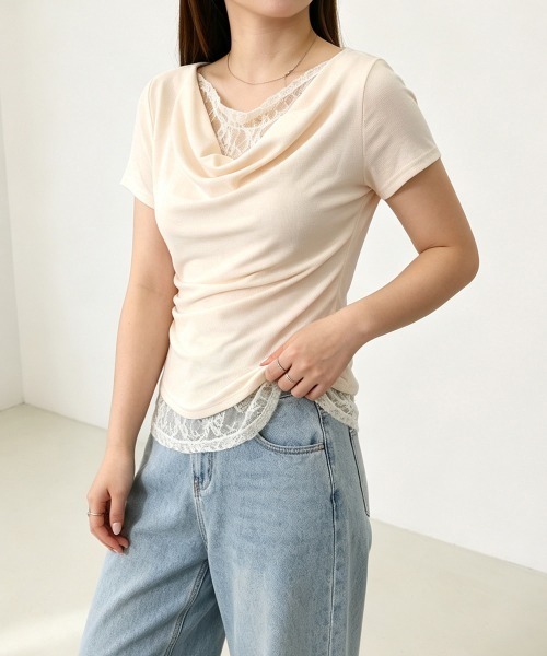 Miniministore(ミニミニストア)の「レースドッキングオフショルTシャツ 半袖(Tシャツ/カットソー・レディース・ライトブルー/ピンク/アイボリー/ライトイエロー・FREE)」の19枚目の写真