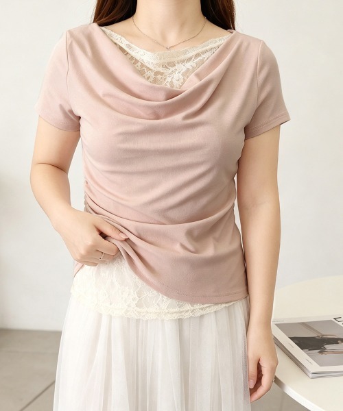 Miniministore(ミニミニストア)の「レースドッキングオフショルTシャツ 半袖(Tシャツ/カットソー・レディース・ライトブルー/ピンク/アイボリー/ライトイエロー・FREE)」の14枚目の写真
