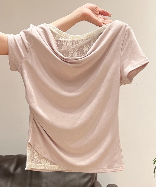 Miniministore(ミニミニストア)の「レースドッキングオフショルTシャツ 半袖(Tシャツ/カットソー・レディース・ライトブルー/ピンク/アイボリー/ライトイエロー・FREE)」の9枚目の写真