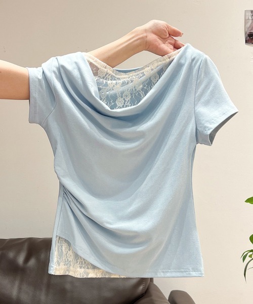 Miniministore(ミニミニストア)の「レースドッキングオフショルTシャツ 半袖(Tシャツ/カットソー・レディース・ライトブルー/ピンク/アイボリー/ライトイエロー・FREE)」の8枚目の写真