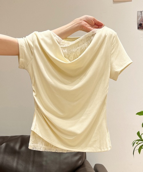 Miniministore(ミニミニストア)の「レースドッキングオフショルTシャツ 半袖(Tシャツ/カットソー・レディース・ライトブルー/ピンク/アイボリー/ライトイエロー・FREE)」の7枚目の写真