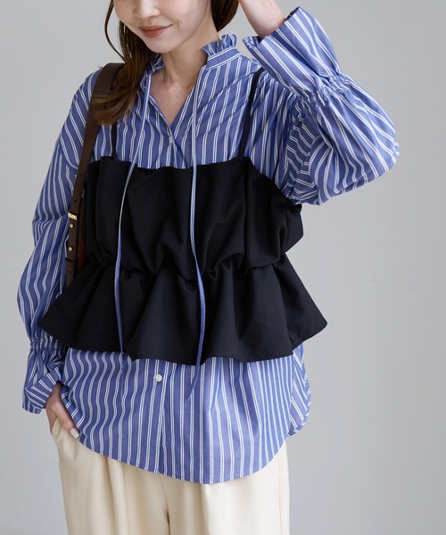 ROPE' PICNIC(ロペピクニック)の「フリルカラーシャツブラウス/UVケア・イージーケア・リンクコーデ(シャツ/ブラウス・レディース・ネイビー/サックスブルー/イエロー系/オフホワイト/ブラウン系・FREE)」の13枚目の写真