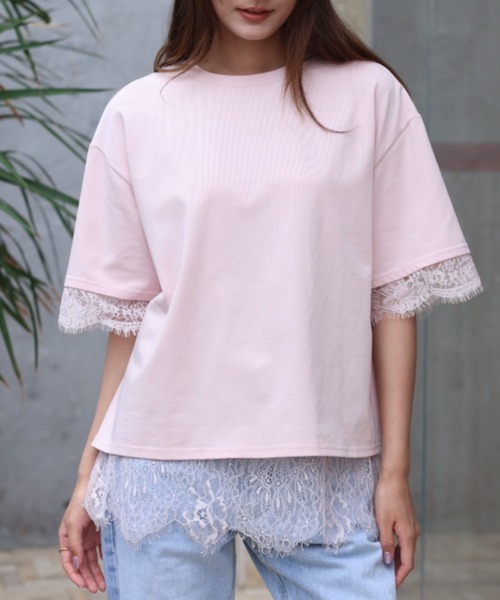 BIRTHDAY BASH(バースデイバッシュ)の「ELSIE LACE LAYERED TOPS(ELSIEレースレイヤードトップス)(Tシャツ/カットソー・レディース・ホワイト/ピンク・FREE)」の2枚目の写真