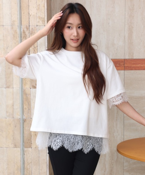BIRTHDAY BASH(バースデイバッシュ)の「ELSIE LACE LAYERED TOPS(ELSIEレースレイヤードトップス)(Tシャツ/カットソー・レディース・ホワイト/ピンク・FREE)」の7枚目の写真