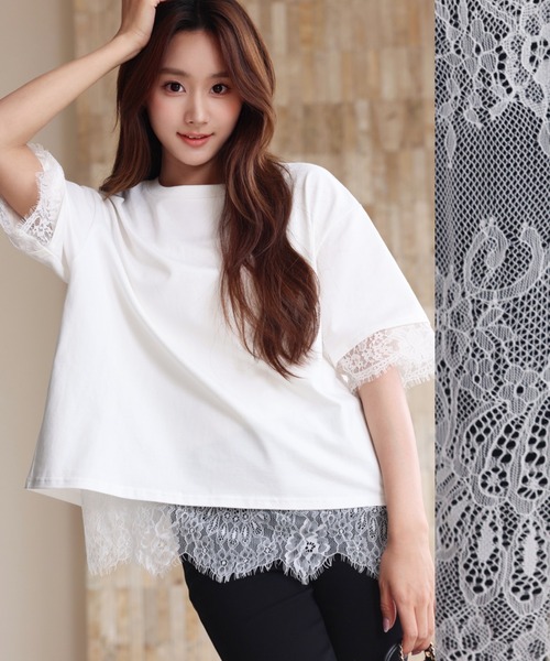 BIRTHDAY BASH(バースデイバッシュ)の「ELSIE LACE LAYERED TOPS(ELSIEレースレイヤードトップス)(Tシャツ/カットソー・レディース・ホワイト/ピンク・FREE)」の3枚目の写真