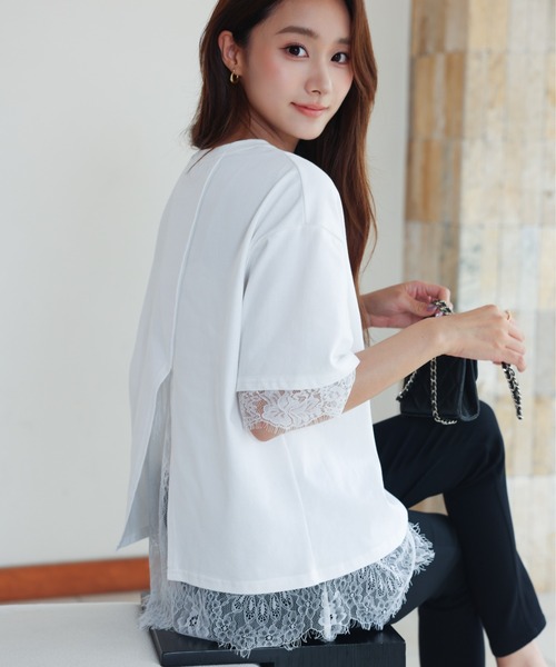 BIRTHDAY BASH(バースデイバッシュ)の「ELSIE LACE LAYERED TOPS(ELSIEレースレイヤードトップス)(Tシャツ/カットソー・レディース・ホワイト/ピンク・FREE)」の5枚目の写真