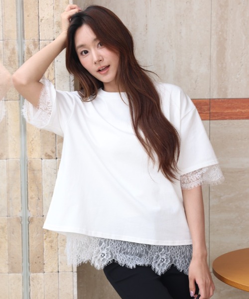 BIRTHDAY BASH(バースデイバッシュ)の「ELSIE LACE LAYERED TOPS(ELSIEレースレイヤードトップス)(Tシャツ/カットソー・レディース・ホワイト/ピンク・FREE)」の4枚目の写真