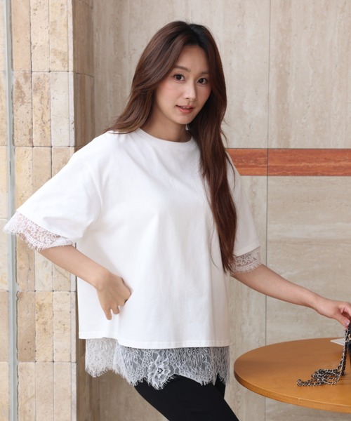 BIRTHDAY BASH(バースデイバッシュ)の「ELSIE LACE LAYERED TOPS(ELSIEレースレイヤードトップス)(Tシャツ/カットソー・レディース・ホワイト/ピンク・FREE)」の6枚目の写真