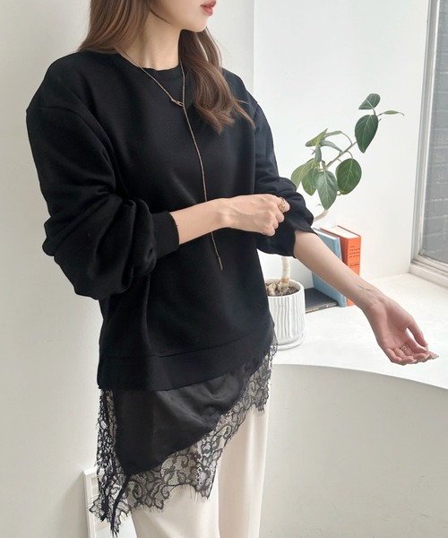 Eclat one(エクラワン)の「【1枚で決まる】裾からチラ魅せ。裾レースドッキングスウェットプルオーバー(その他トップス・レディース・グレー/ブラック/ボルドー・FREE)」の8枚目の写真