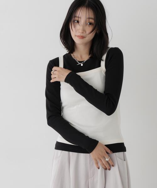 NANO universe(ナノユニバース)の「WEB限定/ロンT×キャミ カットレイヤードアンサンブルセット(Tシャツ/カットソー・レディース・ホワイト/キャメル/ブラック・FREE)」の4枚目の写真
