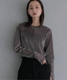 【&g'aime 】シアーベロア袖レース切替トップス Sheer Velour Lace Sleeve Top