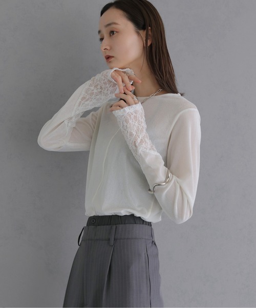 &g'aime(アンジェム)の「【&g'aime 】シアーベロア袖レース切替トップス Sheer Velour Lace Sleeve Top(Tシャツ/カットソー・レディース・オフホワイト/ブラック/ブラウン/グレー・FREE)」の9枚目の写真