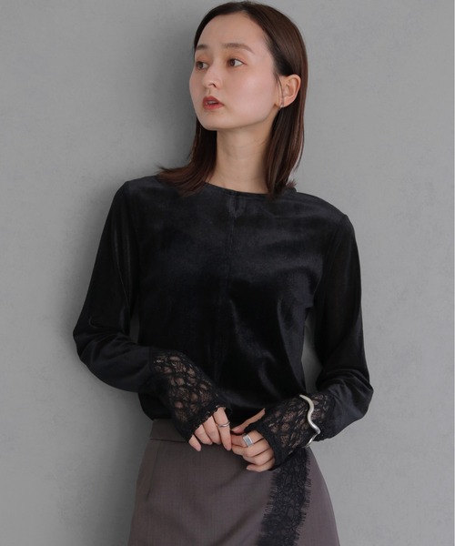 &g'aime(アンジェム)の「【&g'aime 】シアーベロア袖レース切替トップス Sheer Velour Lace Sleeve Top(Tシャツ/カットソー・レディース・オフホワイト/ブラック/ブラウン/グレー・FREE)」の18枚目の写真