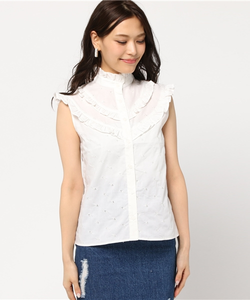 MOUSSY(マウジー)の「RUFFLE SLEEVELESS BLOUSE(シャツ/ブラウス・レディース・ネイビー/ホワイト・1/2)」の3枚目の写真