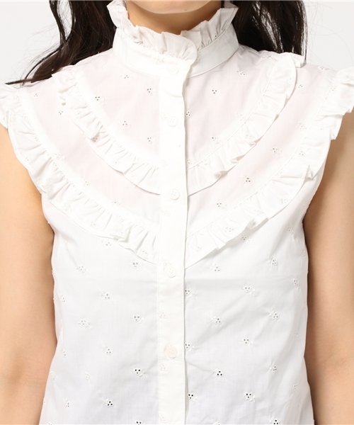 MOUSSY(マウジー)の「RUFFLE SLEEVELESS BLOUSE(シャツ/ブラウス・レディース・ネイビー/ホワイト・1/2)」の6枚目の写真