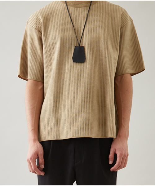 STUDIOUS(ステュディオス)の「【STUDIOUS】バイカラージャガードニットTシャツ(Tシャツ/カットソー・メンズ・ベージュ/ネイビー・3/1/2)」の4枚目の写真