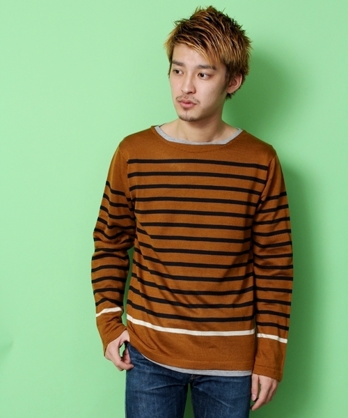 WEGO(ウィゴー)の「アンサンブルパネルボーダーニット(ニット/セーター・メンズ・杢グレー/ナチュラル/ネイビー/キャメル/ワイン・MEDIUM/LARGE)」の4枚目の写真