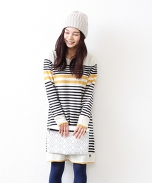 coen | ラムナイロンパネルボーダーニットワンピース(ワンピース)