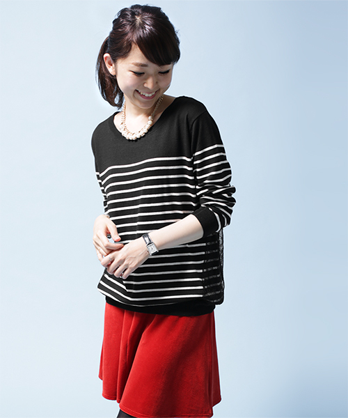 NANO universe（ナノユニバース）の「バックレースボーダーニットプルオーバー（ニット/セーター・レディース・オフホワイト/ブラック・FREE）」の2枚目の写真