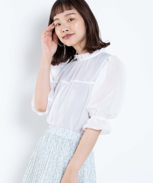 WEGO(ウィゴー)の「WEGO/フリルハイネック5分袖ブラウス(シャツ/ブラウス・レディース・ホワイト/ドット・FREE)」の2枚目の写真