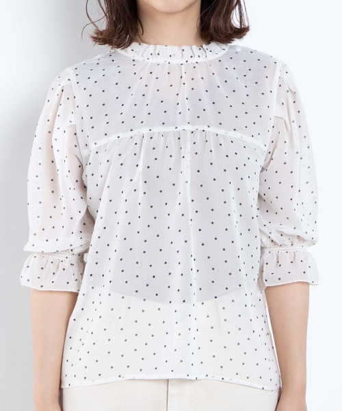 WEGO(ウィゴー)の「WEGO/フリルハイネック5分袖ブラウス(シャツ/ブラウス・レディース・ホワイト/ドット・FREE)」の10枚目の写真