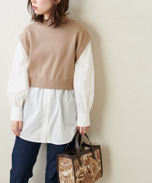 natural couture(ナチュラルクチュール)の「シャツドッキングニットプルオーバー(ニット/セーター・レディース・ブラック/ベージュ/モカ・FREE)」の3枚目の写真