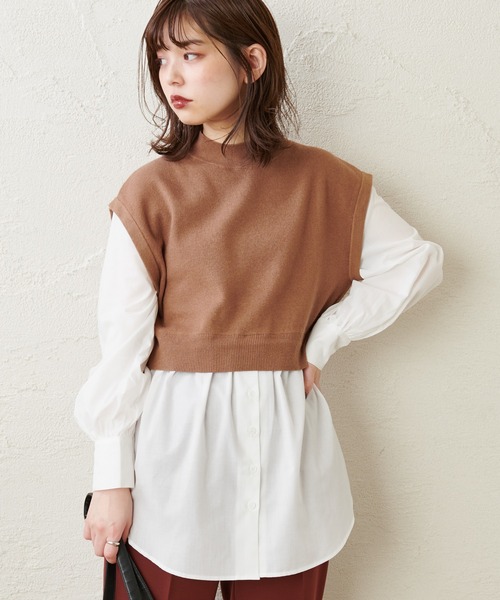 natural couture(ナチュラルクチュール)の「シャツドッキングニットプルオーバー(ニット/セーター・レディース・ブラック/ベージュ/モカ・FREE)」の8枚目の写真