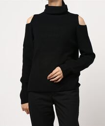 タートルネックネックショルダーカットニットトップス